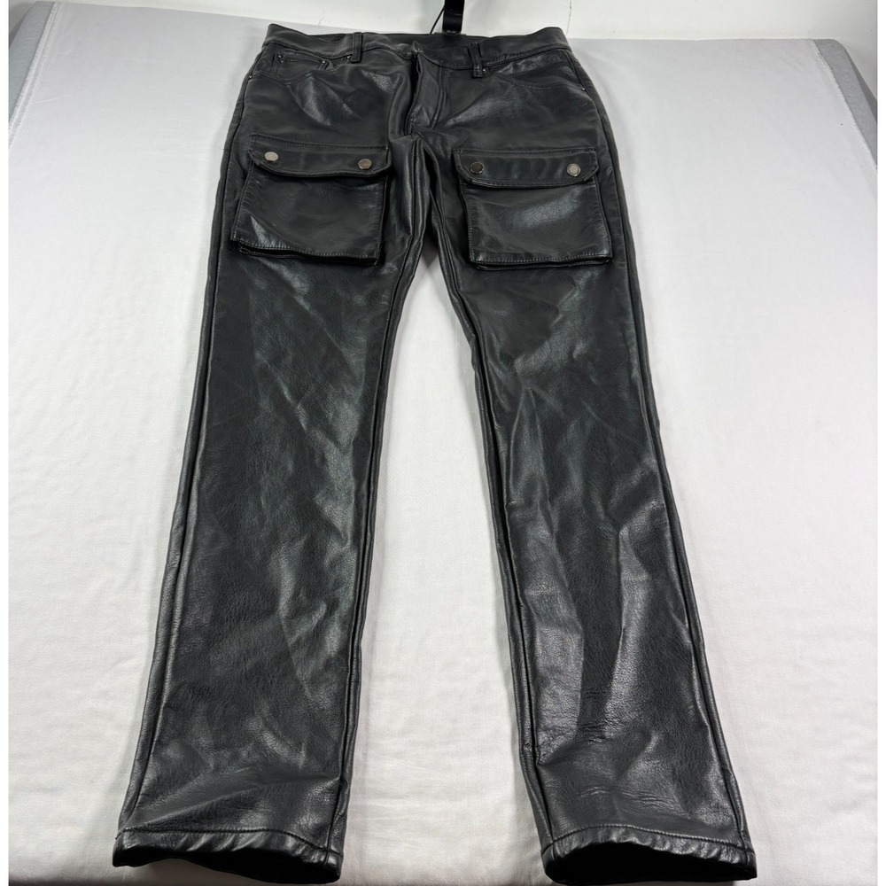 MNML Faux Leather Cargo Pants 36x35 Black Button Fly Slim Fit Pockets
